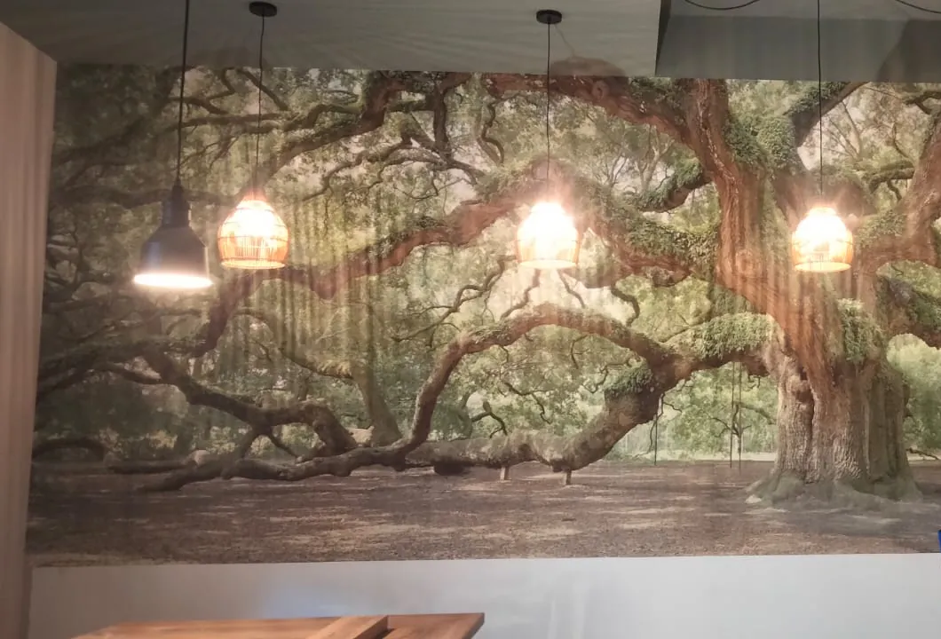 Carta da parati panoramica: un grande albero stampato su tutta la parete di un locale