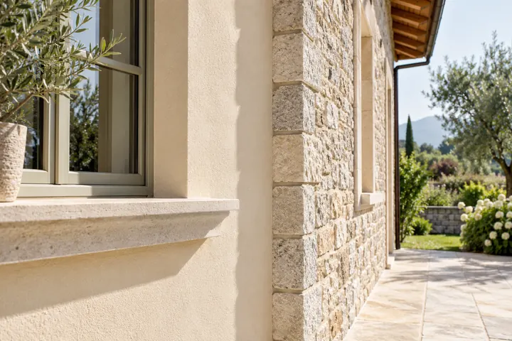 Facciata intonacata con un muro in pietra