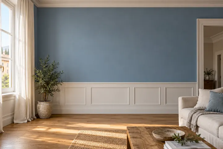 Una parete tinteggiata in azzurro sopra una boiserie bianca